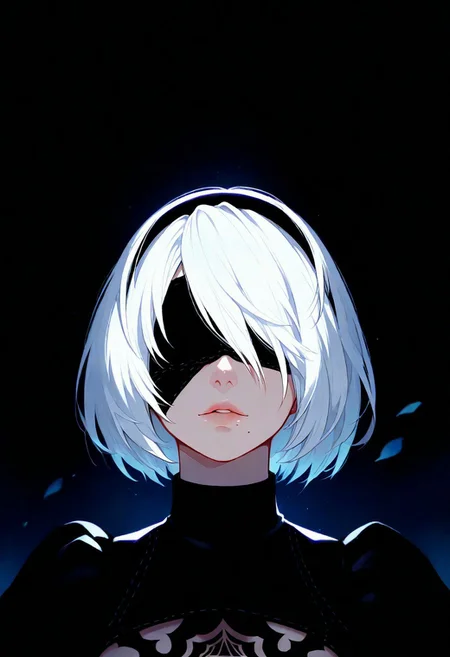 2b from nier automata, blindfold, upper body, dark, underlightling, masterpiece, best quality, very aesthetic