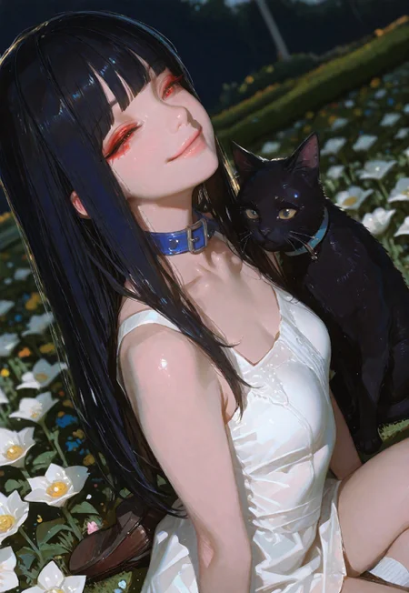 (score_9, score_8_up, score_7_up), white theme, masterwork, masterpiece, best quality, dynamic pose, dynamic angle, (realistic:1.4), (lineless:1.2), detailed, <lora:Detailer_NoobAI_Incrs_v1:0.75>, , aged up, adult, depth of field, blurry, cheekbones, dynamic lighting, high detail
high detail, depth of field, (blurred background), (dramatic lighting),masterpiece, best quality, very aesthetic,8k,masterpiece, best quality,realistic, masterpiece, best quality, 8k, , simple_background, , , half close-up, sexy pose, long black hair, straight hair,blunt bangs, red eye makeup, blushing, asian girl, small head, pretty girl, korean girl, ((smiling)), happy ((slim body)), (small breasts), Dynamic angle, Dynamic pose, sfw, portrait,, girl, white sundress, brown loafers,white ankle socks, in a garden, colorful flowers, sunset. Black cat with blue collar.