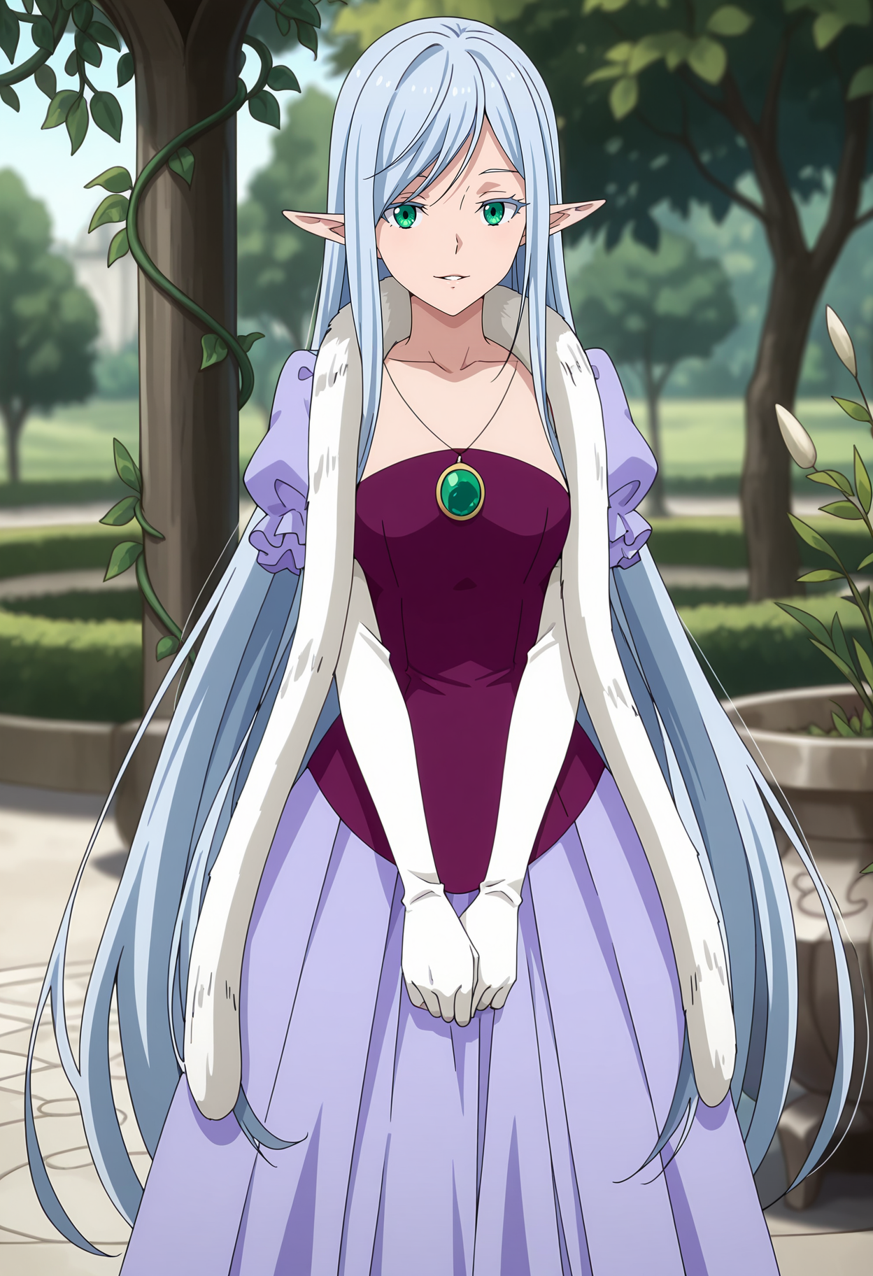 anime screencap, masterpiece, best quality,
<lora:TenSura_ElmesiaElRuSarion_IlluXL:0.9>,
1girl, solo, parted lips, light smile,
very long hair, swept bangs, multicolored hair, grey hair, blue hair, green eyes, colored eyelashes, pointy ears,
boa, fur trim, mutlicolored dress, purple dress, collarbone, pendant, puffy short sleeves, long sleeves over short, white gloves, long skirt,
v arms, standing, looking at viewer, cowboy shot,
blurry background, photo background, outdoors, nature, vines, garden, tree, plant