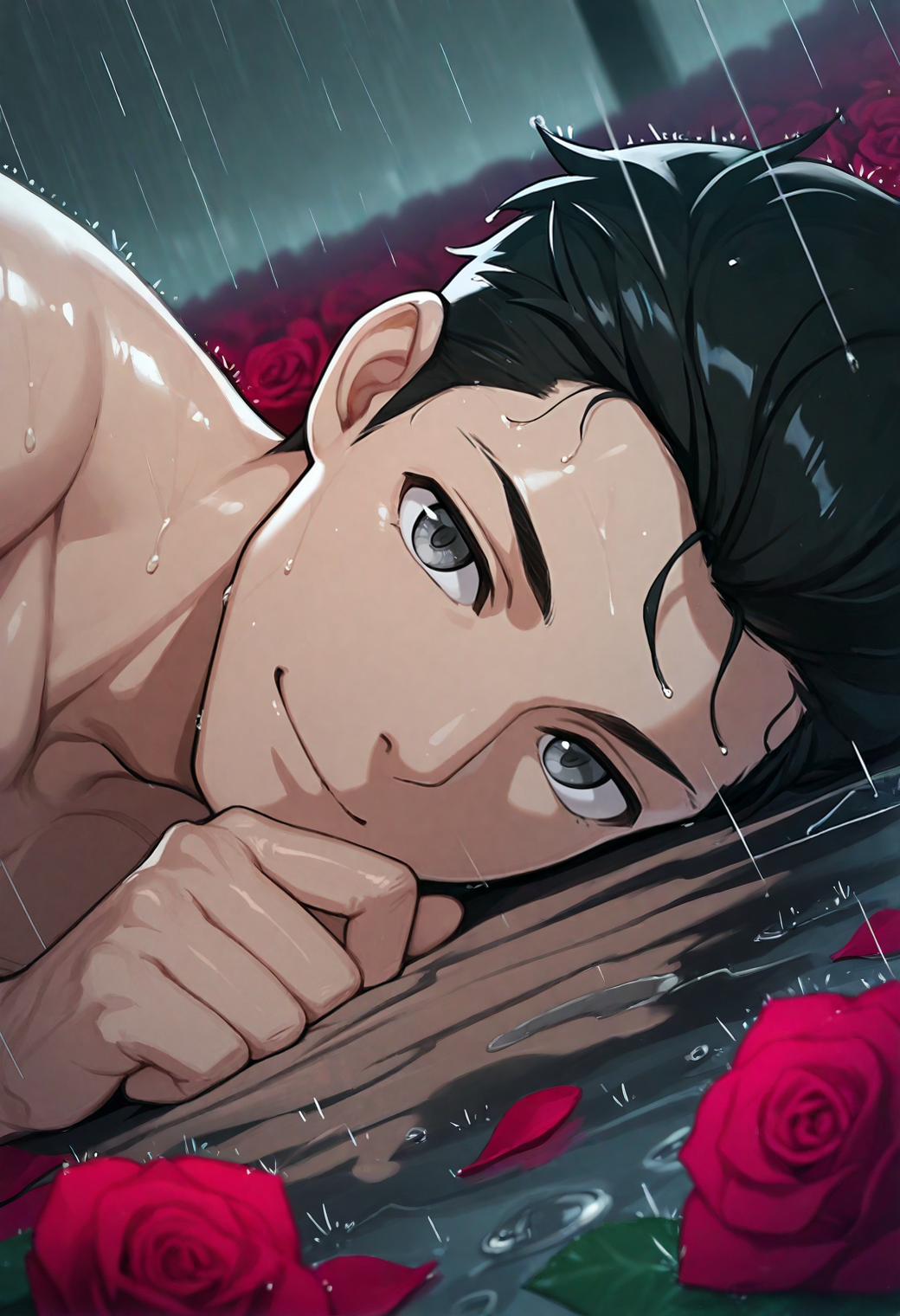 masterpiece,best quality,
1boy,male focus,
<lora:iwaizumi_shou_NAI_EPS_1_1_CAME_v1_rev2:1>,1wa1zum1_sh0u,black hair,grey eyes,
closed mouth,smile,shiny skin,wet,
lying,red rose,bed of roses,close-up,rain,water drop,petals,
dutch angle,atmospheric perspective,depth of field,âââ
