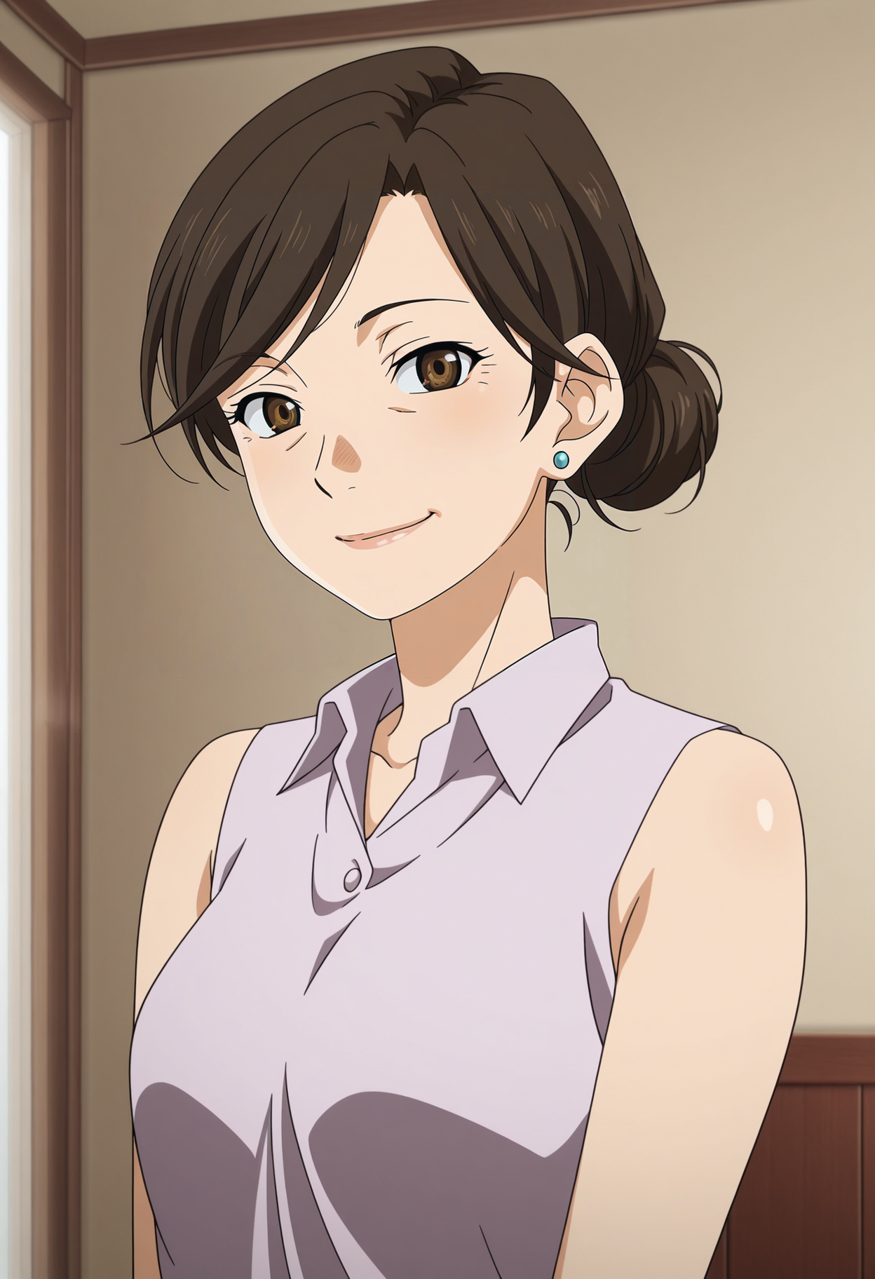 1girl,solo,mm,mature female,earrings,brown eyes,brown hair,single hair bun,anime coloring,
sleeveless,shirt,upper body, looking at viewer, smile,indoors
,masterpiece,best quality,amazing quality,<lora:Yuriko_Ochiai-Shigatsu_wa_Kimi_no_Uso:0.8>