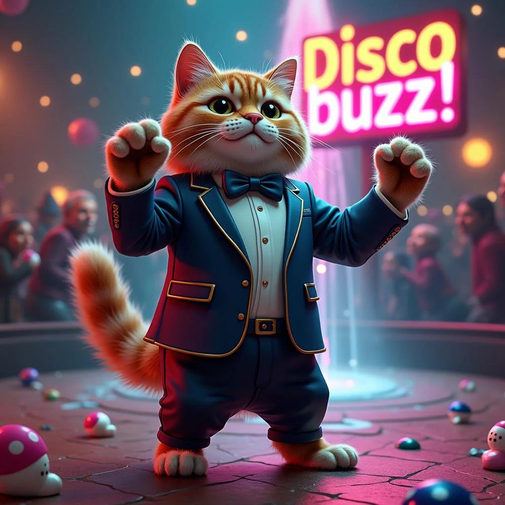 Wealthy cat with tuxedo ,dancing, beautiful colourful water fountain, disco ball,there is a colourful sign that reads "Disco buzz!"