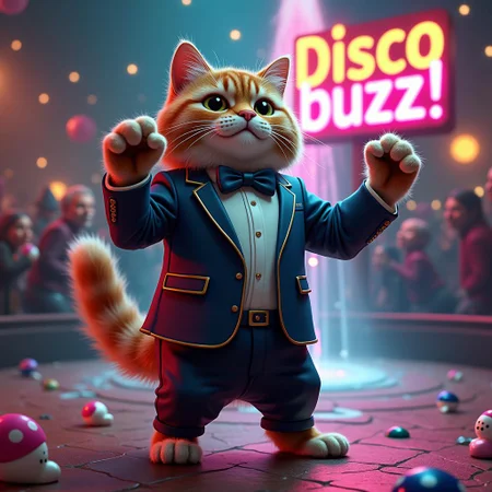 Wealthy cat with tuxedo ,dancing, beautiful colourful water fountain, disco ball,there is a colourful sign that reads "Disco buzz!"
