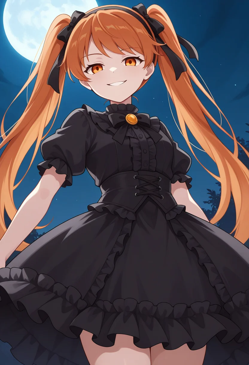 1girl, solo, linalyuri, orange hair, long hair, twintails, hair ribbon, hairband, orange eyes, black shirt, short sleeves, puffy sleeves, black skirt, frills, gothic outfit, night, moon, evil smile, from below, looking at viewer, cowboy shot