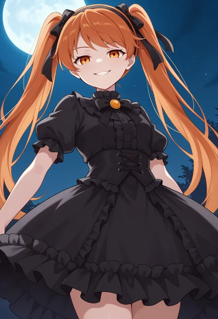 1girl, solo, linalyuri, orange hair, long hair, twintails, hair ribbon, hairband, orange eyes, black shirt, short sleeves, puffy sleeves, black skirt, frills, gothic outfit, night, moon, evil smile, from below, looking at viewer, cowboy shot