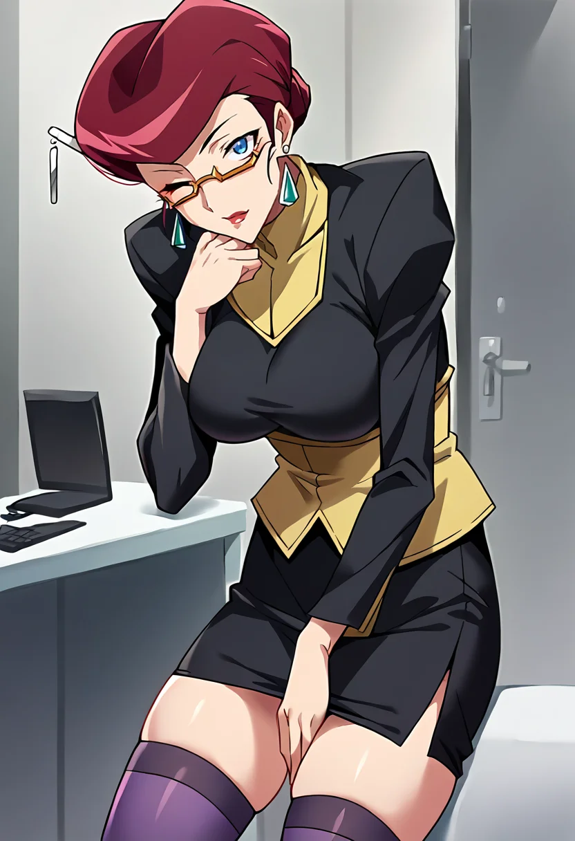 score_9, score_8_up, score_7_up, source_anime, masterpiece, 1girl, ct_sc4rlet, red hair, short hair, hair bun, hair stick, large breasts, semi-rimless eyewear, earrings, black uniform, black pencil skirt, underbust, long sleeves, purple thighhighs, cowboy shot, one eye closed, indoors, looking at viewer, hand on chin, 