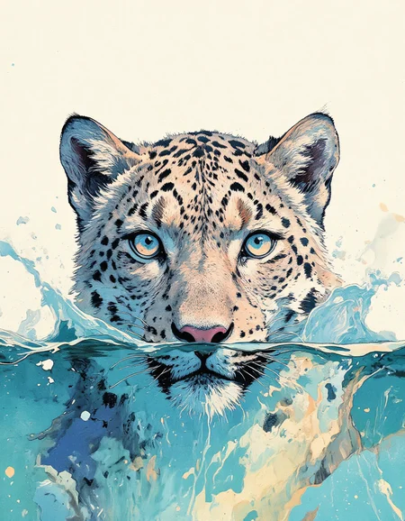 A majestic snow leopard with piercing icy blue eyes partially submerged in crystal-clear water, with only its head visible above the surface. The water gently ripples around its face, creating a soft splash effect. The leopard's fur is wet and slightly matted, glistening under a soft, bright light that creates a high-contrast, minimalist look. The background is clean and light, almost white, with a faint gradient to emphasize the serene, cold atmosphere. The style is hyper-realistic with sharp details, focusing on the intense gaze of the leopard and the smooth texture of the water