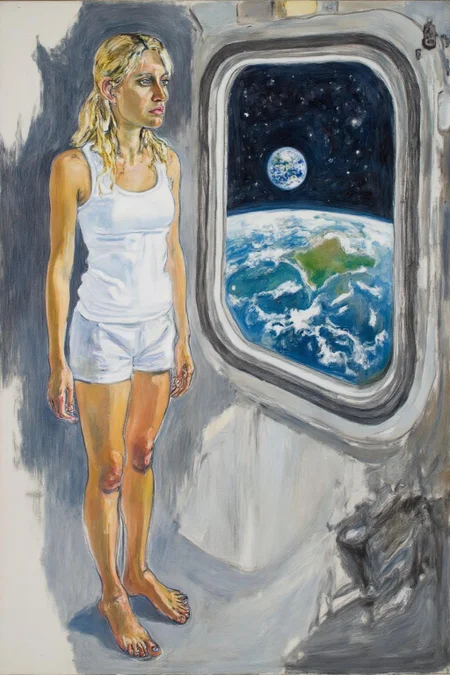 aliceneel2 painting.
Side profile view of a blonde, floating weightless, space station. She is wearing short shorts, white tank top and barefoot, and looking outside towards earth. She is melancholic, and is thinking of her family back on earth.  <lora:aliceneel2_d8a4:1.0><lora:866321996525357975:0>