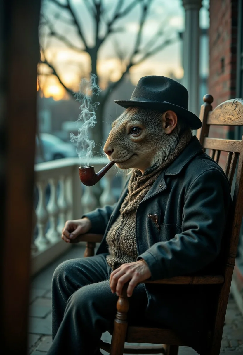 technical photography, exquisitely detailed pictures, Fanmytwor style, of a chubby elderly anthro anthropomorphic squirrel with a fedora sitting in a rocking chair in a veranda watching the dusk sky and smoking an old pipe, sharp focus photography, thick features, very wide shot, iridescent, surrealism, dark scene, reality warping around the scene, dark, low-key, soft