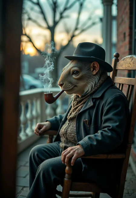 technical photography, exquisitely detailed pictures, Fanmytwor style, of a chubby elderly anthro anthropomorphic squirrel with a fedora sitting in a rocking chair in a veranda watching the dusk sky and smoking an old pipe, sharp focus photography, thick features, very wide shot, iridescent, surrealism, dark scene, reality warping around the scene, dark, low-key, soft