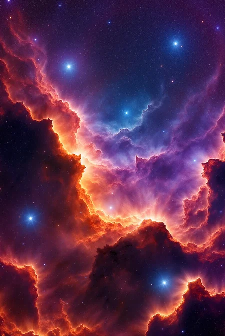 <lora:Vibrant_Nebula_2:0.8> VibrantNebula style.
A luminous cascade of flamelike filaments ripples through a multichromatic tapestry of gas and stardust, its radiant strands rendered in layered hues of burnt orange, lavender, and cyan. The swirling pattern evokes the texture of windswept fabric with iridescent, high-frequency details captured in close-up macro precision. Star clusters embedded like jewels create rhythm within the chaos, the lighting soft yet radiant, with iridescent glows forming dreamlike halos around the brighter stars, immersing the scene in an impressionist-meets-celestial style fusion. The compositional flow follows a vertical spiral, pulling the eye along ridges of refracted color and soft turbulence. Faint tendrils weave through glowing folds like brushstrokes suspended in space, their contours laced with pearlescent transitions. Saturated contrasts and delicate layering offer a visual sonata of form and hue, with spectral gradients unfolding in smooth chromatic transitions that dance across the canvas like celestial silk. Combining the optical fluidity of watercolor with the precision of astronomical imaging, this landscape conjures a fantastical veil of living energy drawn across the stars themselves.