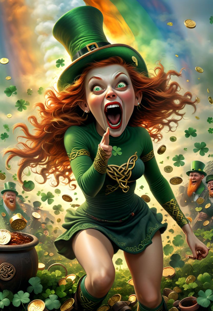 score_9, score_8_up, score_7_up, 1girl, dynamic angle, dynamic pose, photorealistic image of a (screaming-banshee: 1.9) roaming over a quaint field of shamrocks at the end of a rainbow, holding a (pint glass of Irish red ale: 1.8) in one hand. (Explosion of a clay pot of gold coins: 1.6) in the background. (leprechaun-hat:1.2), (perfect female body: 1.4), cleavage, long legs, traditional Celtic clothes, (Celtic-knot tattoo: 1.9), (fangs: 1.8), OverallDetail. HairDetail