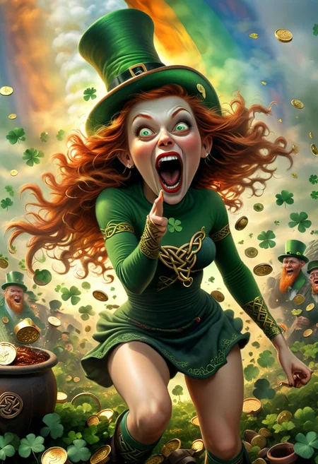 score_9, score_8_up, score_7_up, 1girl, dynamic angle, dynamic pose, photorealistic image of a (screaming-banshee: 1.9) roaming over a quaint field of shamrocks at the end of a rainbow, holding a (pint glass of Irish red ale: 1.8) in one hand. (Explosion of a clay pot of gold coins: 1.6) in the background. (leprechaun-hat:1.2), (perfect female body: 1.4), cleavage, long legs, traditional Celtic clothes, (Celtic-knot tattoo: 1.9), (fangs: 1.8), OverallDetail. HairDetail