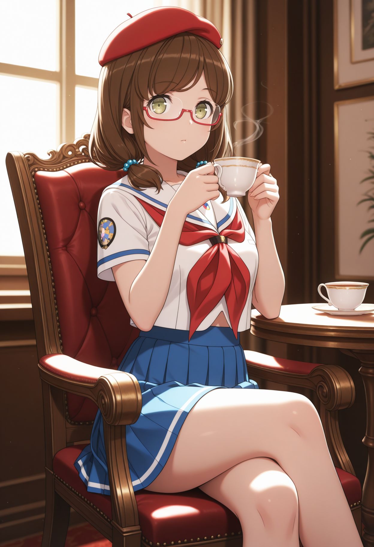 masterpiece,best quality,absurdres,highres,very aesthetic,high quality,detailed,insanely detailed,beautiful,perfect lighting, looking at viewer, looking at viewer, drinking tea , holding cup, sitting, chair, teacup, indoor, fancy room, , indoors, on chair, sitting, crossed legs, hold, teacup,
 <lora:Momo Aoki:1> 1girl, brown hair, twintails, brown eyes, low twintails, green eyes, hair bobbles, glasses,hat, beret, red headwear, school uniform, semi-rimless eyewear, serafuku, short sleeves, blue skirt, red neckerchief, neckerchief,,