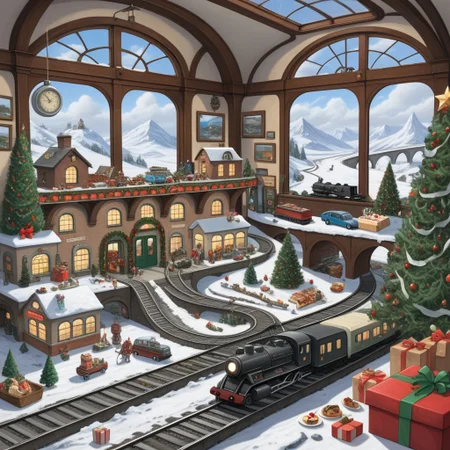 On the grownd in the living room[train station, bridge, window, science fiction, traditional media, motor vehicle, day, vehicle focus, road, gift, railway, christmas, food, cloud, box, cake, fireplace, plant, weapon, snow]