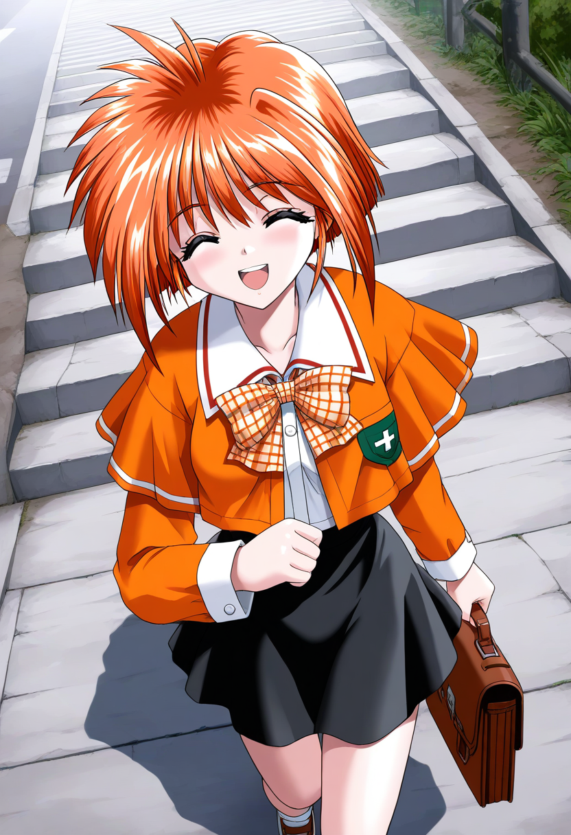 general,highres, ultra-detailed,very aesthetic,best quality ,best hands, BREAK <lora:Kawahara_Ayano_Akumu_AoiKajitsunoSange_IS:1>
Kawahara_Ayano, 1girl, solo, short hair, orange hair, small breasts, closed eyes, bangs, happy,
orange school uniform, plaid skirt,  white and black skirt, open mouth, smile,  school bag, plaid bow, 
looking at viewer,  outdoors, long sleeves,  
bowtie,  holding bag, :d,  road, 
plaid bowtie, shirt, walking, standing, stairs, 
school briefcase,  from above,  day,