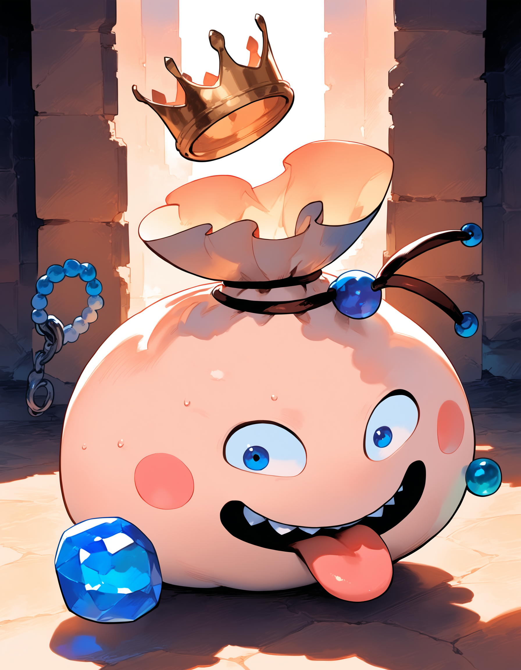 masterpiece,extreme detailed,zPDXL3,dungeon BREAK no humans,no_legs,
BREAK goodybag_(dq),crown,gem,necklace,teeth,tongue,tongue out,<lora:goodybag_(dq)-pony-v2:1>,embarrassed,sweatdrop,blush,