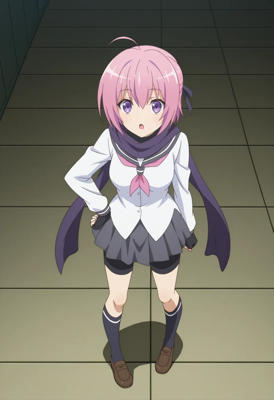 Shinobu SARUTOBI,pink hair,solo,full body,purple scarf,grey skirt,purple eyes,school uniform,socks,black gloves,ahoge,pleated skirt,short hair,bike shorts,open mouth,standing,hand on own hip,shoes,fingerless gloves,brown footwear,shorts,shorts under skirt,loafers,:o,hair ribbon,white shirt,
<lora:Shinobu SARUTOBI_illustrious-000020:1>