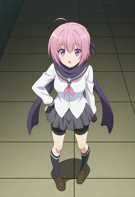 Shinobu SARUTOBI,pink hair,solo,full body,purple scarf,grey skirt,purple eyes,school uniform,socks,black gloves,ahoge,pleated skirt,short hair,bike shorts,open mouth,standing,hand on own hip,shoes,fingerless gloves,brown footwear,shorts,shorts under skirt,loafers,:o,hair ribbon,white shirt,
<lora:Shinobu SARUTOBI_illustrious-000020:1>