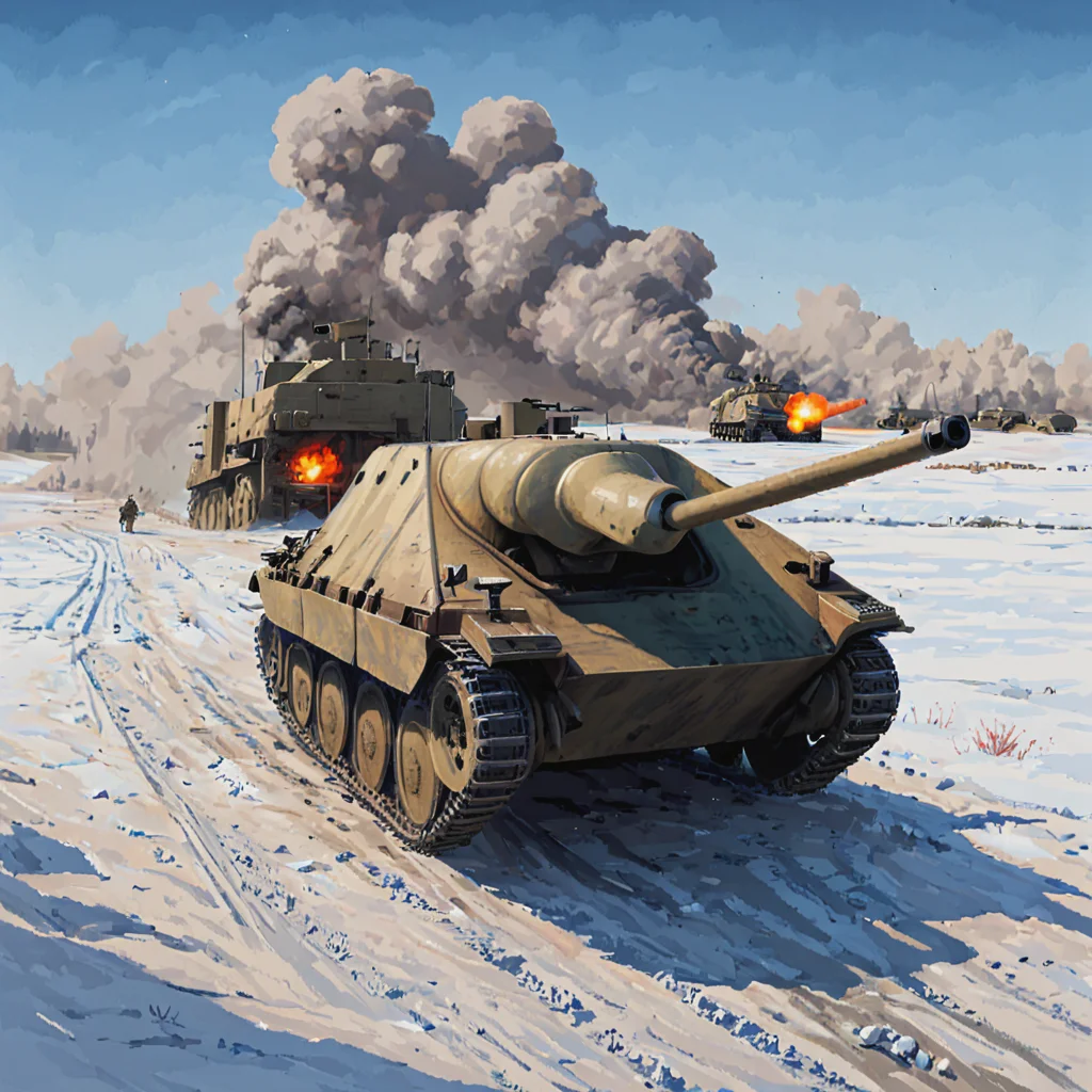 During a counteroffensive operation on the Eastern Front, a htztnk tank advances through a snow-covered field, its crew alert and scanning the horizon for enemy tanks. The vast, open landscape emphasizes the isolation and challenges faced by tank destroyer units operating in winter conditions ((pulp_comic, heavy_lines, hand_drawn, hand_inked, hand_colored, perfect_face, apxlz))