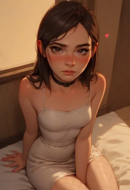 Expressiveh, score_9, score_8_up, score_7_up, score_6_up, score_5_up, score_4_up, godrays,
1girl, Ellie the last of us, ((long hair, brown eyes)), blush, cute face, split bangs,
thick thighs, narrow waist, big hips,
silk dress, fishnets, choker,
pose, looking at viewer, closeup, dynamic angle, closeup, from above, hearts, oiled, sitting