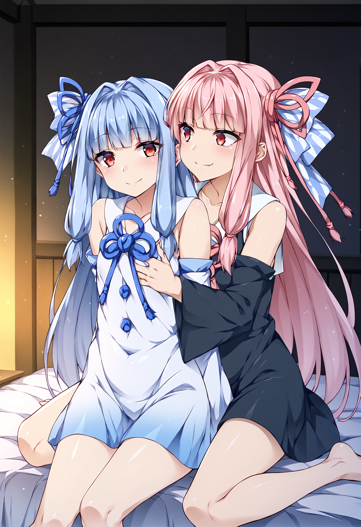 score_9, score_8_up, score_7_up, source_anime, rating:general, <lora:lowres_concept_ponyXL_v1:-0.3>
BREAK,
 <lora:kotonoha_akane_ponyXL_v1:0.5> kotonoha akane, long hair, pink hair, ribbon, red eyes, blunt bangs, sidelocks,  black dress, detached sleeves, 
<lora:kotonoha_aoi_ponyXL_v1:0.5> kotonoha aoi, long hair, blue hair, ribbon, red eyes, blunt bangs, sidelocks,  white dress, detached sleeves, 
<lora:kotonohayuri_ponyXL_v3:2> 2girls, siblings, sisters, yuri, smile, hug from behind, looking at another, sitting, indoors, 
 <lora:mtu_style_PonyXL_v1-000015:1>