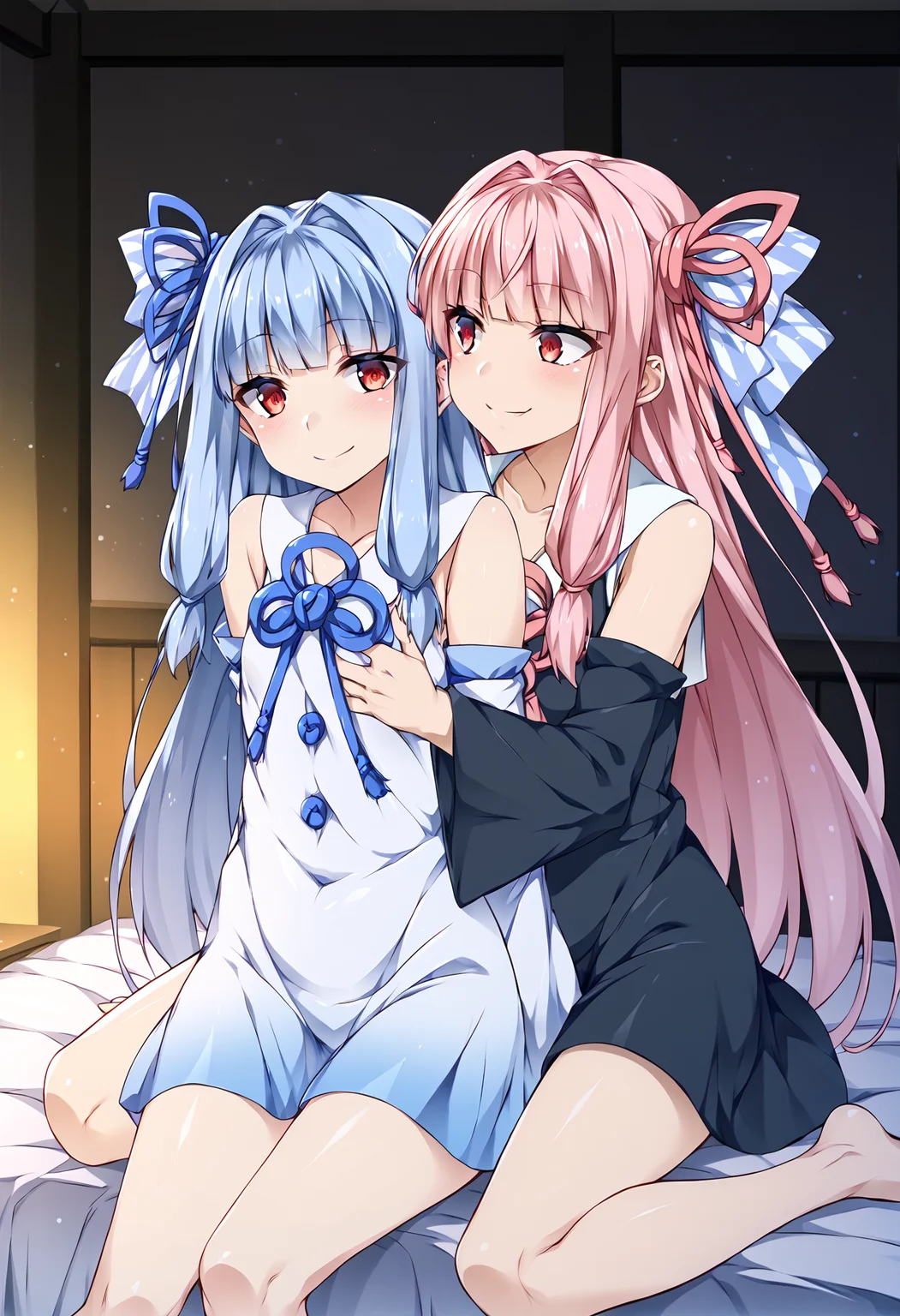 score_9, score_8_up, score_7_up, source_anime, rating:general, <lora:lowres_concept_ponyXL_v1:-0.3>
BREAK,
<lora:kotonoha_akane_ponyXL_v1:0.5> kotonoha akane, long hair, pink hair, ribbon, red eyes, blunt bangs, sidelocks, black dress, detached sleeves,
<lora:kotonoha_aoi_ponyXL_v1:0.5> kotonoha aoi, long hair, blue hair, ribbon, red eyes, blunt bangs, sidelocks, white dress, detached sleeves,
<lora:kotonohayuri_ponyXL_v3:2> 2girls, siblings, sisters, yuri, smile, hug from behind, looking at another, sitting, indoors,
<lora:mtu_style_PonyXL_v1-000015:1>