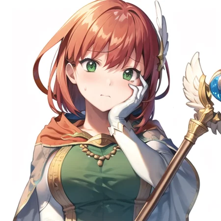 priscilla fe, 1girl, solo, breasts, looking at viewer, blush, simple background, hair ornament, gloves, white background, dress, holding, jewelry, closed mouth, upper body, elbow gloves, white gloves, necklace, capelet, flying sweatdrops, staff, hand on own face, green dress, holding staff, hand on own cheek, <lora:Priscilla_FE-15:0.7>