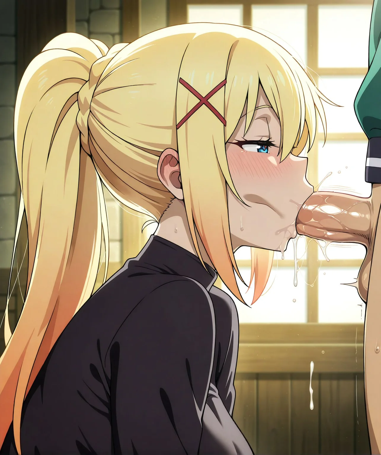 <lora:add-detail-xl:0.5>,,masterpiece, best quality, newest, absurdres, highres, detailed eyes, beautiful, detailed background, perfect eyes, anime coloring, anime screencap,
<lora:Vacuum_Fellatio-000039:0.4>Vacuum_FellatioV1,
vacuum fellatio, :>=, fellatio, half-closed eyes, long penis,
oral, penis, sunken cheeks,from side, bottomless, profile,
motion lines, motion blur, saliva trail, saliva, cumdrip,
darkness \(konosuba\),
kono subarashii sekai ni shukufuku wo!,
satou kazuma,
20YO, milf,adult,