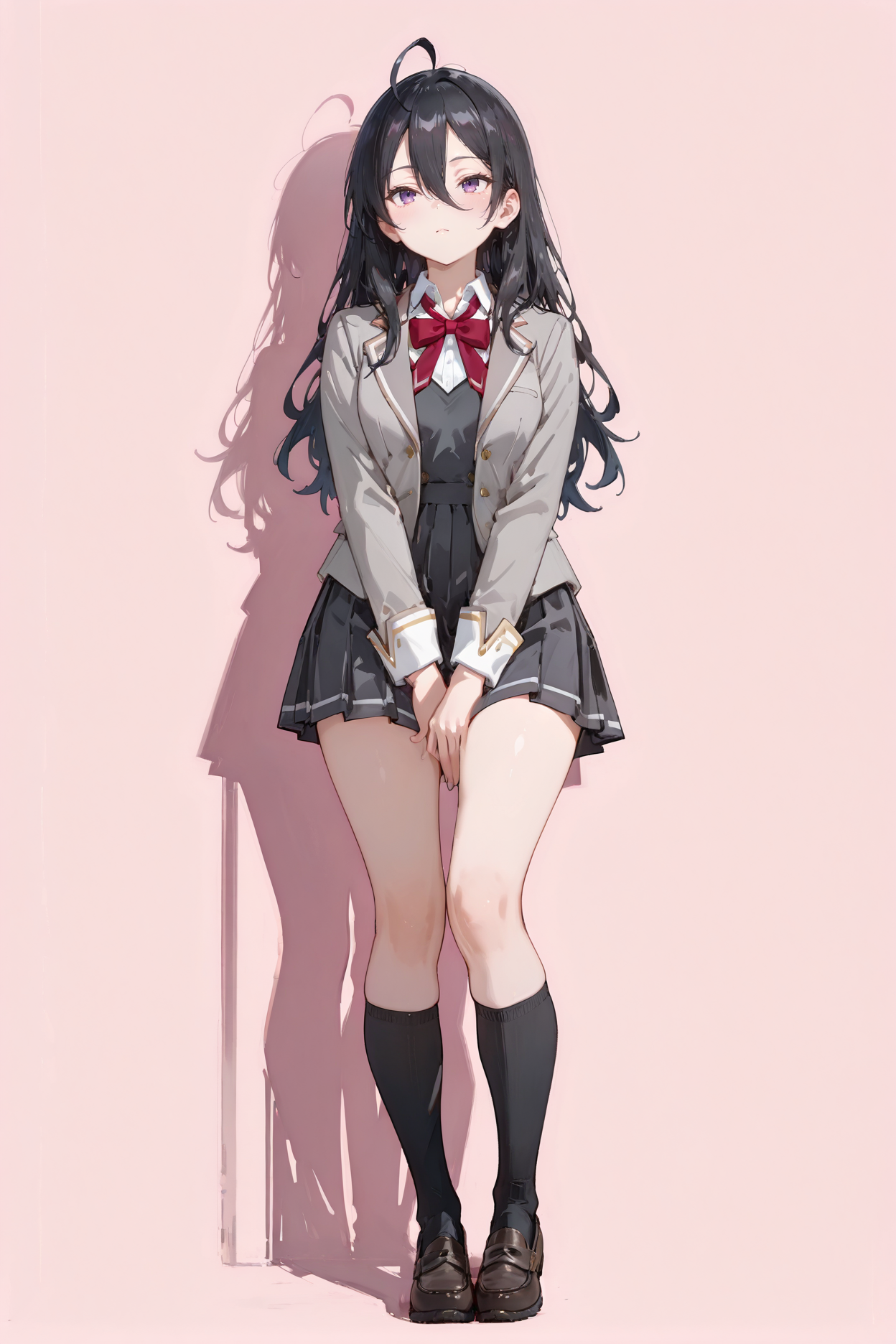 perfect quality,high quality,masterpiece,best quality,amazing quality,very aesthetic,absurdres,Cinematic Lighting,newest,Tactical use of shadow,
front view,full_shot,Eyebrow furrow,
1girl,solo,long hair,black hair,hair between eyes,ahoge,purple eyes,school uniform,blazer,jacket,grey jacket,red bow,dress,skirt,zettai ryouiki,socks,black socks,kneehighs,loafers,AyanoKimishima Cyql,
full body,standing,hand between legs,
lightpink background,simple background,
<lora:spo_sdxl_10ep_4k-data_lora_webui:0.5>,<lora:EtherSDXL:0.7>,EtherStyle,<lora:748cmSDXL:0.5>,748cmstyle,<lora:Ayano Kimishima_Illustrious by Cyql:1>,