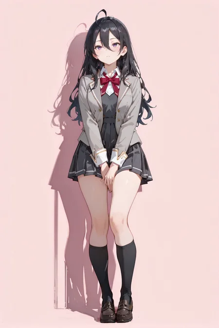 perfect quality,high quality,masterpiece,best quality,amazing quality,very aesthetic,absurdres,Cinematic Lighting,newest,Tactical use of shadow,
front view,full_shot,Eyebrow furrow,
1girl,solo,long hair,black hair,hair between eyes,ahoge,purple eyes,school uniform,blazer,jacket,grey jacket,red bow,dress,skirt,zettai ryouiki,socks,black socks,kneehighs,loafers,AyanoKimishima Cyql,
full body,standing,hand between legs,
lightpink background,simple background,
<lora:spo_sdxl_10ep_4k-data_lora_webui:0.5>,<lora:EtherSDXL:0.7>,EtherStyle,<lora:748cmSDXL:0.5>,748cmstyle,<lora:Ayano Kimishima_Illustrious by Cyql:1>,