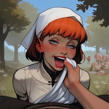 score_9, score_8_up, score_7_up, realistic, finnish female, old-fashioned servant clothes, white head scarf, orange hair, mature, shapely, short hair, natural, round face, round eyes, aroused, enjoying, happy, laughing, looking to the camera, wiping mouth, wiping mouth with napkin, medieval setting, outdoors, loving, pleasure, excitement, funny, comical, warm atmosphere, long range, male pov, he is wiping her mouth,
<lora:incase-ilff-v3-4:0.6>,
<lora:Expressive_H:0.6>, ExpressiveH,
<lora:add-detail-xl:1.75>,
<lora:[GP] somethingweird [Pony XL]:0.2>,
<lora:g0th1cPXL:0.6>, g0th1cpxl,