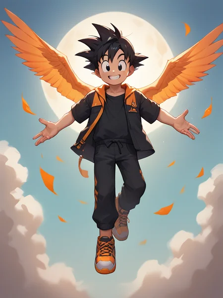 score_9, score_8_up, score_7_up, score_6_up, score_5_up, score_4_up, source_anime <lora:GotenSDXL:0.7>,gotenv1, spiked hair, 1boy, black hair, black eyes, smile,(blue and orange (dougi:1.4)), full body,smiling,looking at viewer, <lora:Smooth Anime Style LoRA XL:1>,flying in the sky,(young:1.1),
