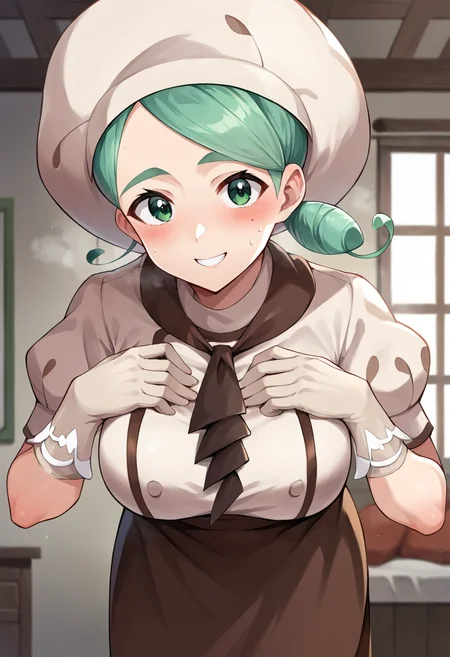 score_9, score_8_up, score_7_up, masterpiece, source_anime, 1girl, ct_k4ty, large breasts, brown shirt, puffy short sleeves, brown ascot, chef hat, brown apron, gloves,  depth of field, indoors,  house, looking at viewer, cowboy shot, portrait, leaning forward, smile, blush, sweat, smell, hand on chest, <lora:Katy_Pokemon_Pony_ct:0.9>