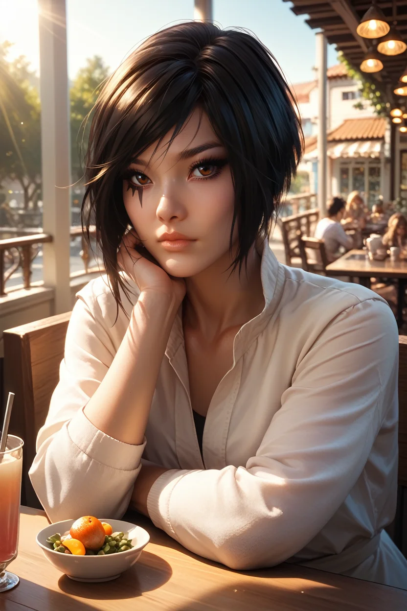 score_9, score_8_up, score_7_up, score_6_up
<lora:MEFaith:1.0>
MEFaith, 1girl, black hair, brown eyes, face tattoo, looking at viewer, cafe terrace, morning, peaceful and serene with soft morning sunlight
