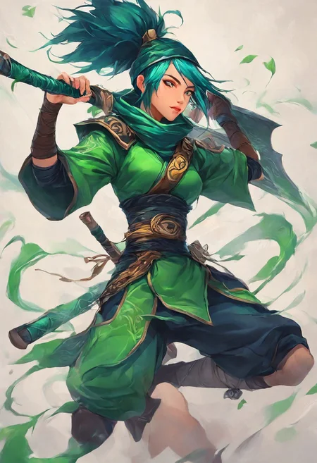 FF Style, masterpiece (quality), clean background, 1girl, green ninja outfit, akali (league of legends), holding weapons <lora:PaintingAnimeStyleIllustriousV1:0.75>