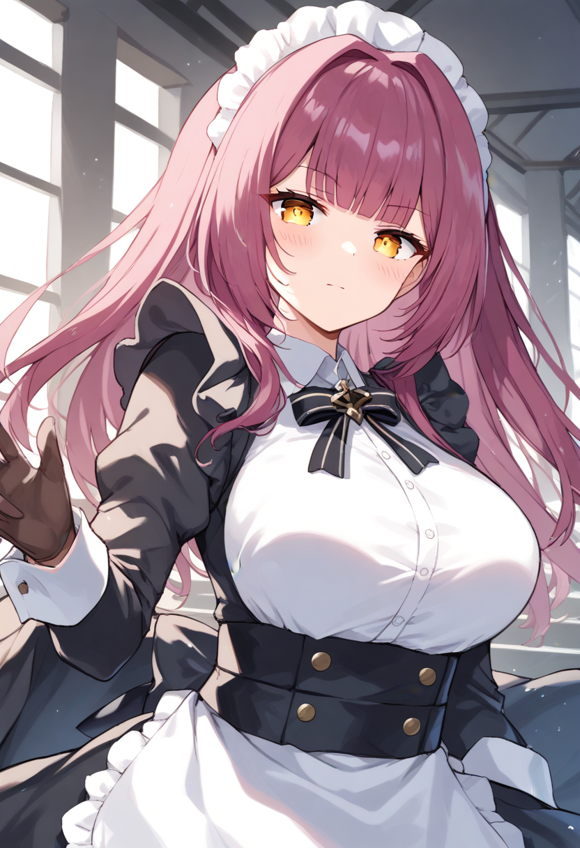 <lora:devonshire_XL-bf16-pony-v1:1> 1girl, devonshire_(azur_lane),maid, BREAK score_9, score_8_up, score_7_up, BREAK source_anime, best quality, masterpiece, uncensored,<lora:sdxl_lightning_4step_lora:1>(clear eyes:1.2),rating_explicit,(4 finger:0.5),zPDXLpg