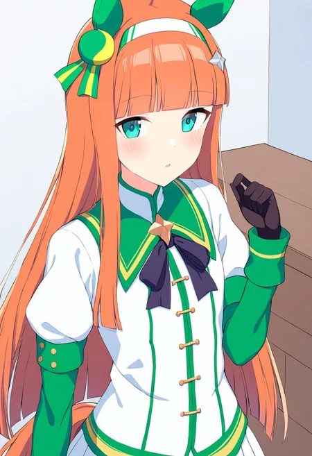 SilenceSuzuka,horse girl, green horse ears, green ear covers, horse tail, turquoise eyes, flat chest, slender, hime-cut, orange long hear, blunt bangs, shiny hair, white hearband, hair ornament,1girl,small breast, upper body,room,bedroom, plush toy in hand,