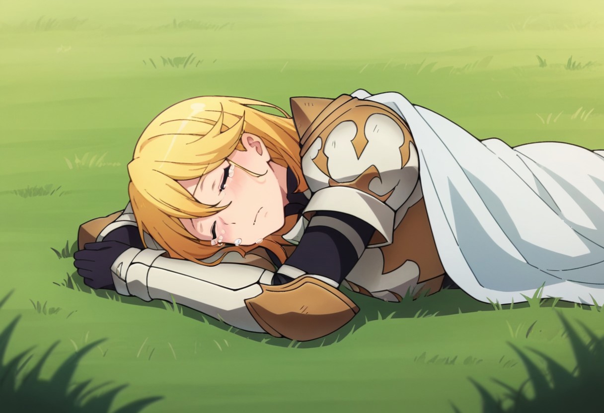 score_9, score_8, score_7, source_anime, rose knight armor, sleeping, tears, lying, on grass