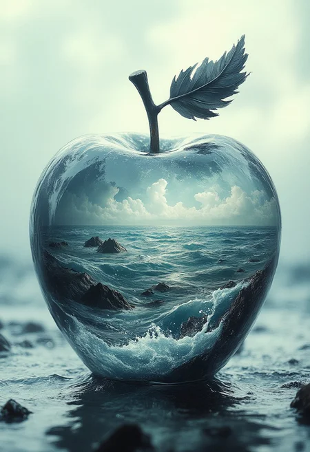 lovely double exposure image by blending together a stormy sea and a glass apple. The sea should serve as the underlying backdrop, with its details subtly incorporated into the glossy glass apple, sharp focus, double exposure, glossy glass apple, translucent glass figure of an Kaki, sea inside, lifeless, dead, glass apple, earthy colors, decadence, intricate design, hyper realistic, high definition, extremely detailed, dark softbox image, raytracing, cinematic, HDR, photorealistic