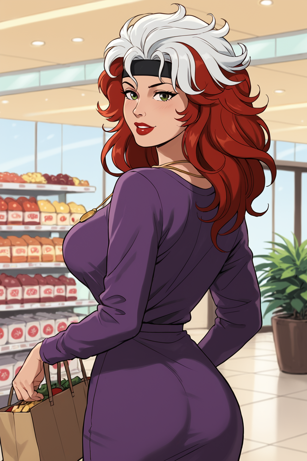 PonyXLV6_Scores BREAK (retro artstyle, 1980s (style), parody, perfect anatomy, perfect eyes, cowboy shot, from behind), <lora:add_details_xl:1> BREAK BREAK <lora:Rogue92:0.8> anne marie, multicolored hair, two-tone hair, red hair, white hair, green eyes, lipstick, red lips, flirting, raised eyebrow, ((looking back at viewer)), headband, necklace, pendant, purple shirt, dress, long sleeves, large breasts, curvy, toned, athletic, model pose, arched back, shopping mall, indoors