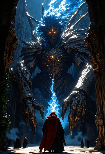 mythp0rt, midjourney_whisper_avant_couture, ne0nfant4sy, Silhouette art of an epic battle scene: a female android water elemental with flowing blue hair confronting a nightmarish mechanical behemoth in a gothic cathedral courtyard. The monster towers menacingly with multiple glowing crimson eyes, razor-sharp metal teeth, hydraulic jaw unhinged in a terrifying roar, smoke and steam billowing from its armored plates, jagged mechanical limbs ending in savage claws, exposed grinding gears and pulsing dark energy core. The water elemental channels surging waves and blue lightning against the beast, her ethereal cloak and hair flowing dramatically, ornate medieval architecture with climbing vines and crumbling spires frame the scene, ancient clock tower looming in background. Cybernetic details emit contrasting blue and blood-red lights, water droplets and energy particles exploding in air, shattered gothic arches and fallen pillars, dramatic rim lighting highlighting the clash between organic and mechanical, moody atmosphere where gothic fantasy meets dark cyberpunk warfare, deep shadows and glowing highlights emphasize the horror of the mechanical monster, debris and water effects filling the air, photorealistic, epic cinematic composition, volumetric lighting piercing through mist and smoke, octane render, 8k resolution, artstation trending, masterpiece, intense action scene --ar 2:3 --s 750 --q 2 --chaos 35 --stylize 1000