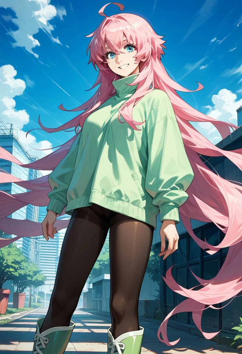 score_9,score_8_up,score_7_up,source_anime, daisy_(big_order),1girl,solo,long hair,smile,blue eyes,very long hair,pink hair,ahoge,pantyhose,boots,poncho,