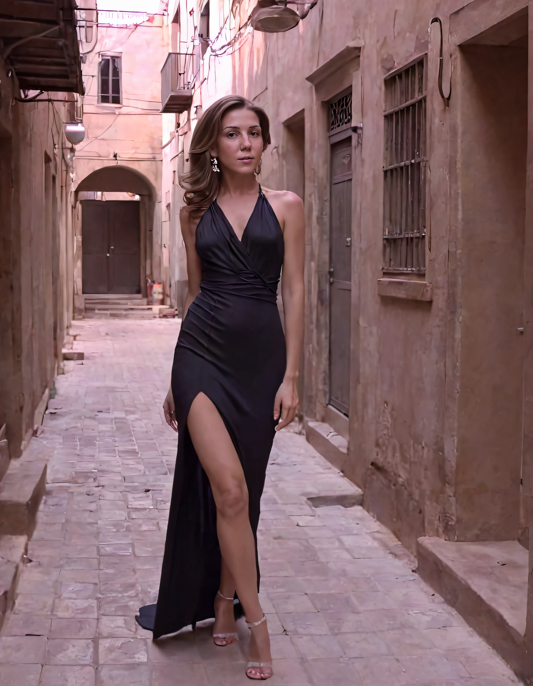 In this evocative scene, Rony, an artistically inspired woman clad in her captivating, monochromatic, and fluid dress with a hint of sophistication from her chic accessories, stands boldly and confidently within the artistic alleyway as she strikes a graceful pose, simultaneously posing for the camera while admiring the intricate details of her surroundings. <lora:luglut18f93072a91w2d1:1>