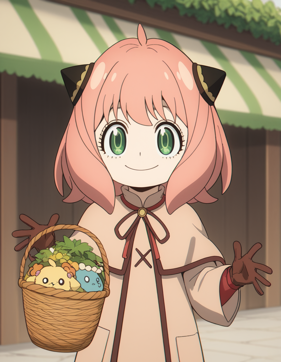 score_9, score_8_up, score_7_up, source_anime, <lora:anya-forger-movie-ponyxl-lora-nochekaiser:1>, anya forger, anya (spy x family), bangs, green eyes, pink hair, ahoge, child, female child, hairpods,, gloves, long sleeves, ribbon, brown gloves, capelet, robe,, farmers market, fresh produce, local vendors, baskets, sunny day, community, smile, , smile, solo,, cowboy shot, dutch angle,