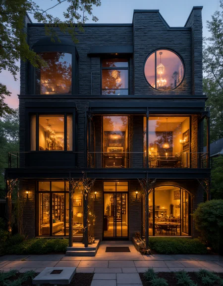 A striking, modern townhouse with a blend of historical and contemporary architecture, featuring a facade of arched, circular windows framed in black steel. The exterior is made of a mix of dark brick and stone, with intricate masonry surrounding the windows. Warm, ambient lighting from within the house highlights the elegant design of the interior, visible through the large, glass-paneled archway on the ground floor. The interior is illuminated with soft, golden light, showcasing a cozy, open-plan living space with modern furnishings and bookshelves. The upper floors feature large circular and arched windows, creating a geometric contrast with the rectangular shape of the house. The scene is set at twilight, with the sky darkening and the warm lights creating a welcoming glow. The foreground features a small garden with manicured bushes and stepping stones leading up to the front entrance. aidmaHyperrealism <lora:aidmaHyperrealismv0.3:0.6> <lora:Sinfully_Stylish_.02_for_FLUX:0.6> in the style of Jed-clrfl <lora:flux-colourful:0.3> <lora:FluxDFaeTasticDetails:0.6>