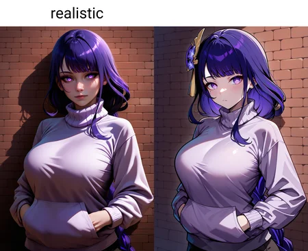 masterpiece, best quality, newest, absurdres, highres, 1girl, upper body, raiden shogun, turtleneck sweater, hands in pockets, brick wall, realistic,