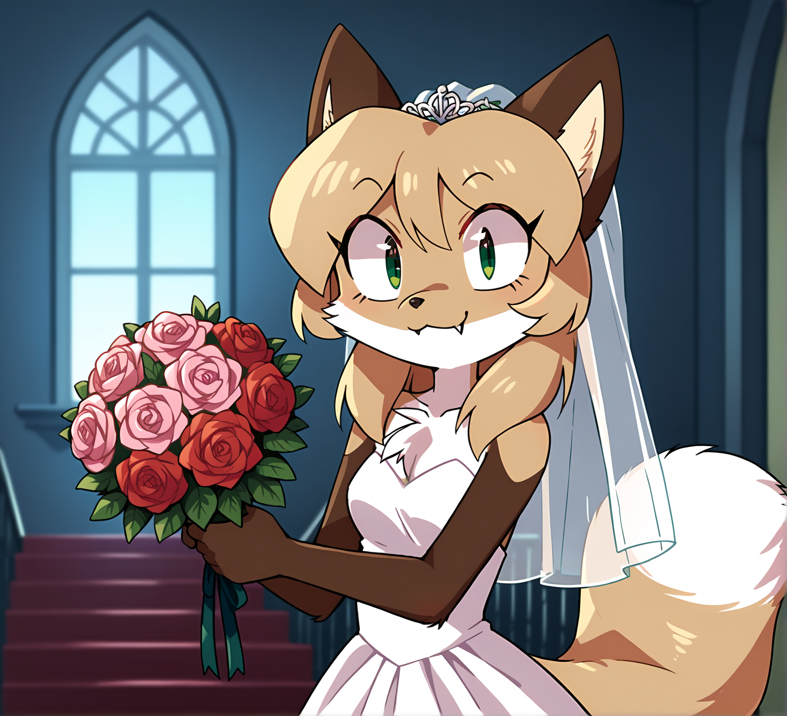 score_9, score_8_up, score_7_up, score_6_up, score_5_up, score_4_up, rating_safe, source_furry,( detailed background:1.1), indoors, 1girl,female anthro fox
BREAK
female, furry, anthro,(fox:1.1), fox tail, (cute expression, cute face:1.1),   snout,  smiling at viewer, :3, closed mouth, fang, smug, small breasts,   <lora:Averi_the_fox-000011:1>  green eyes, standing, wedding dress, chest tuft, holding bouquet, flower bouquet, 
BREAK