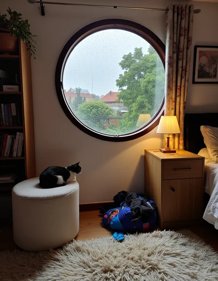 Interior photograph of a cozy bedroom, circular window, garden outside, rainy, fuzzy rug, bookshelf, stool, night stand with table lamp, floral wallpaper, warm lighting, a cat sleeping on a pile of clothes on the floor, <lora:iphone-dev-6:1> iphone photo