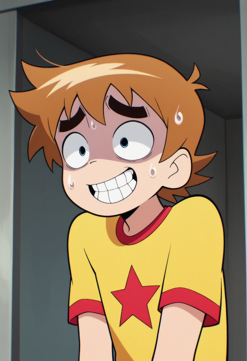 masterpiece,best quality,amazing quality, source_anime,
scotpilgr, 1boy, solo, teeth, sweatdrop, smile, sweat, 1girl, indoors, clenched teeth, short hair, grin, male focus, scared, upper body, brown hair, t-shirt, yellow shirt,